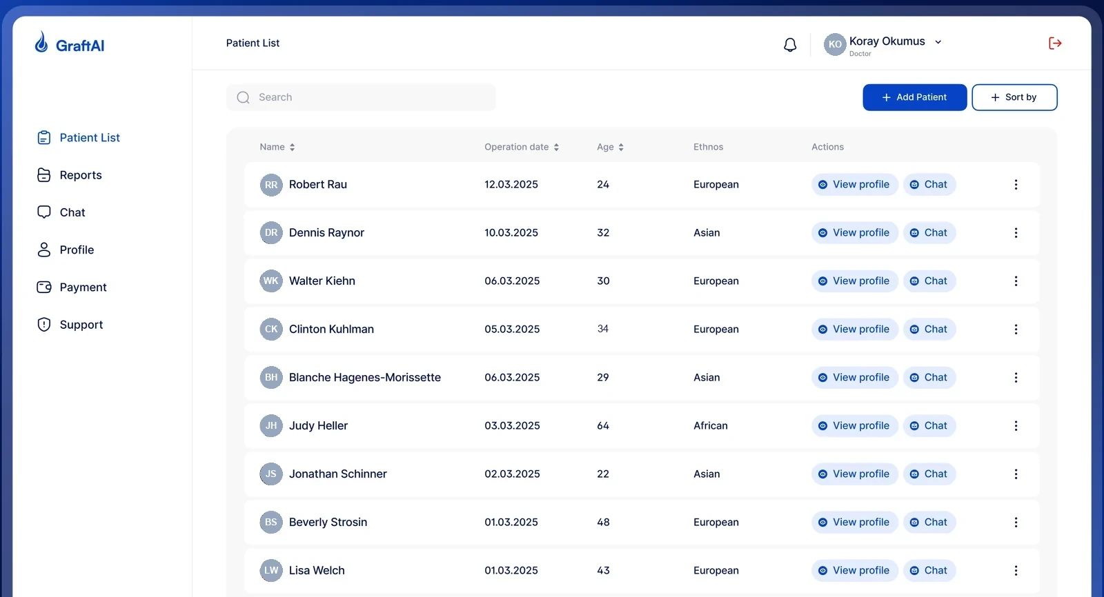 Patient list — GraftAI platform interface